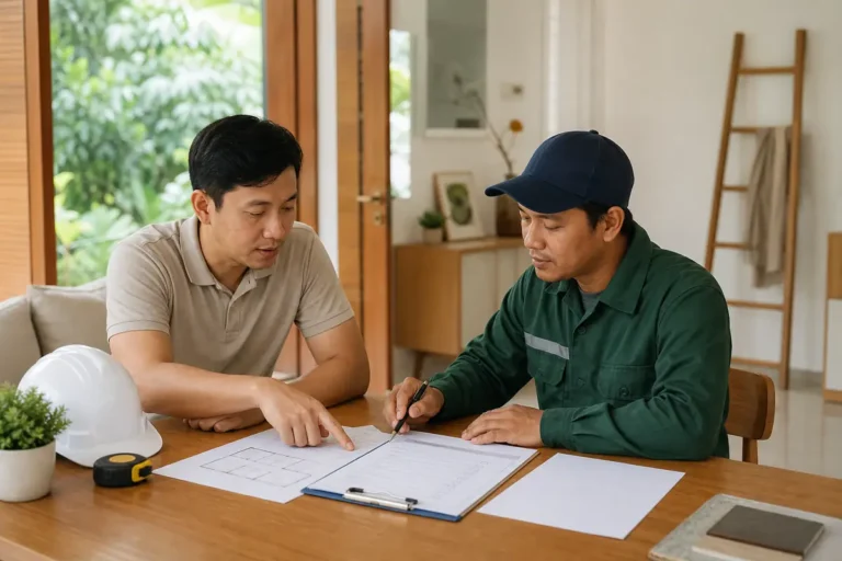 Pemilik rumah berdiskusi dengan tukang renovasi sebelum proyek dimulai