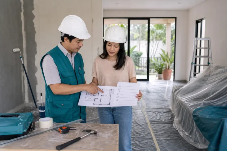 Pemilik rumah dan pengawas proyek memeriksa denah serta urutan pekerjaan renovasi rumah
